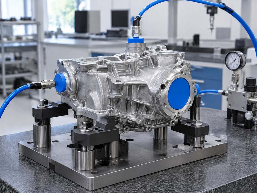 Dichtheitsprüfung eines Aluminium-Druckgussgehäuses auf der Prüfvorrichtung