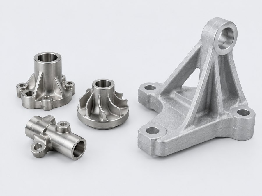 Feingussteile aus Edelstahl und Aluminium nebeneinander