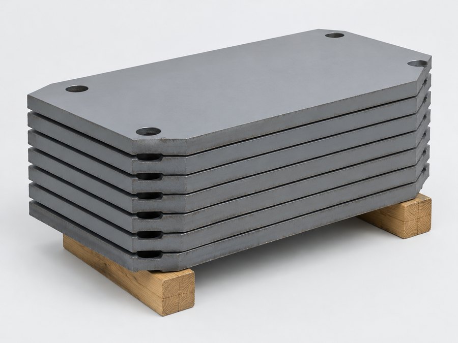 Ballastgewichte aus Stahlplatten für Krane auf Kanthölzern