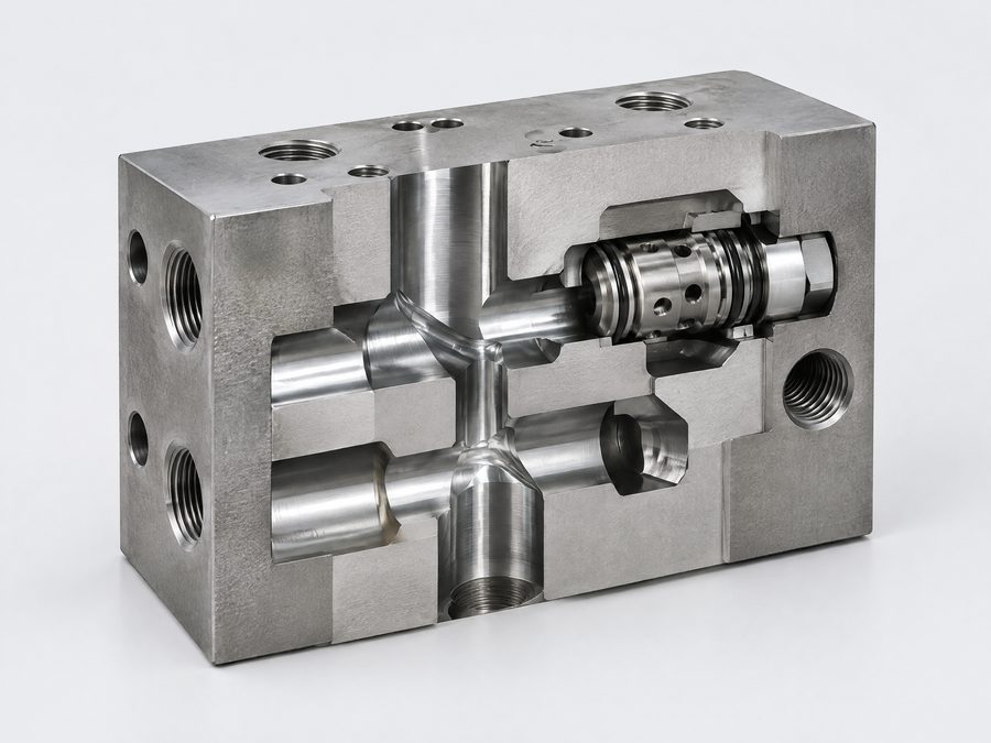 Aufgeschnittener Hydraulikblock mit gratfreien Bohrungsverschneidungen