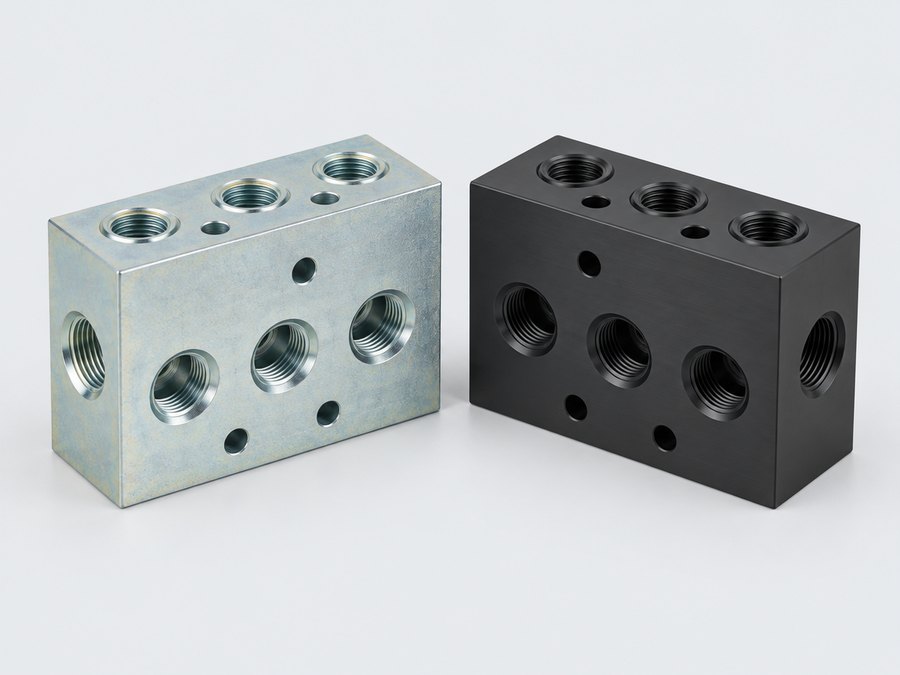 Hydraulikblock aus verzinktem Stahl und eloxiertem Aluminium