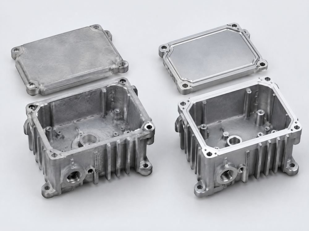 Aluminium-Druckgussgehäuse roh und bearbeitet mit Kühlrippen