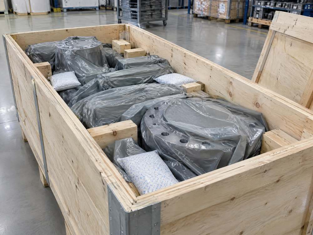 Seefest verpackte Exportkiste mit Teilen in VCI-Korrosionsschutzfolie