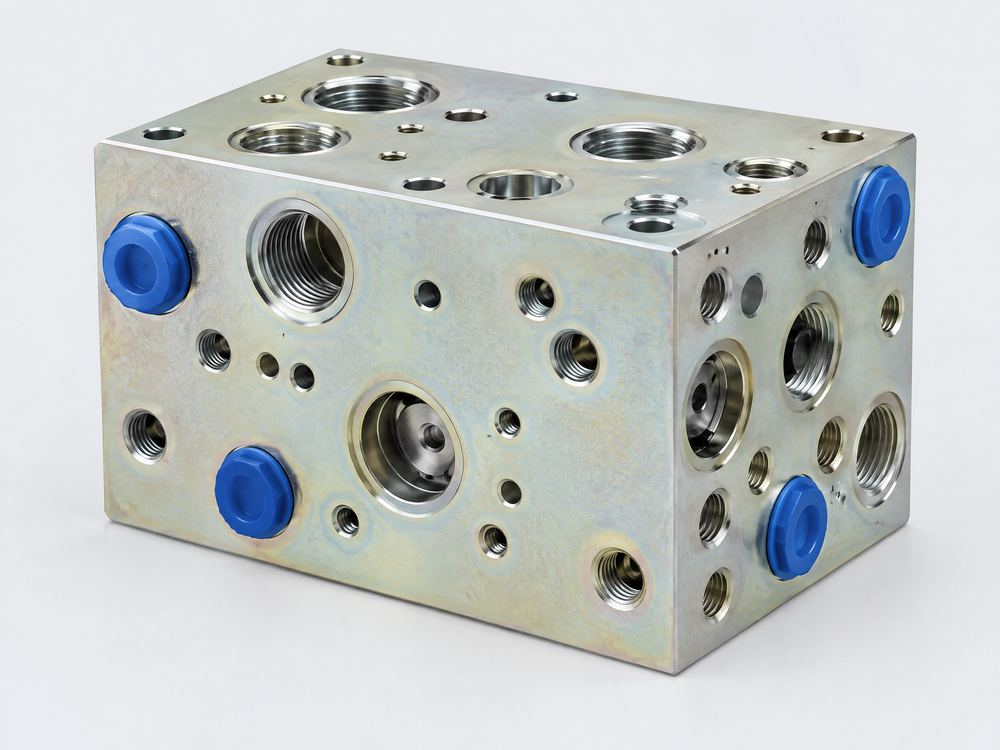 Verzinkter Hydraulik-Steuerblock mit Gewindeanschlüssen und Verschlussstopfen