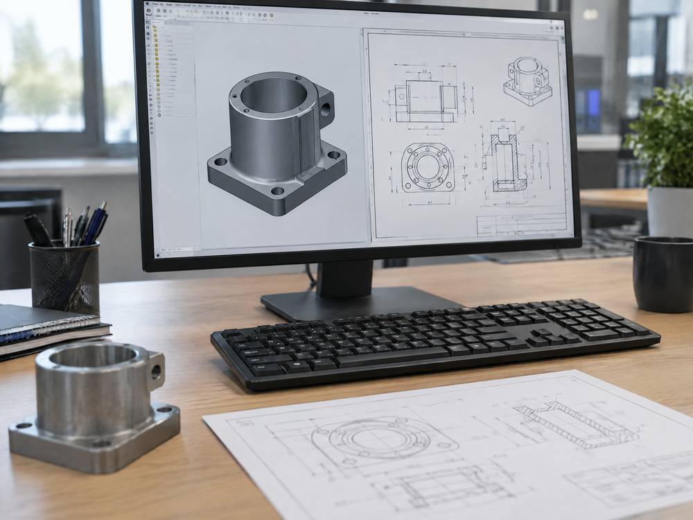 3D-Modell und 2D-Zeichnung eines Bauteils am Bildschirm
