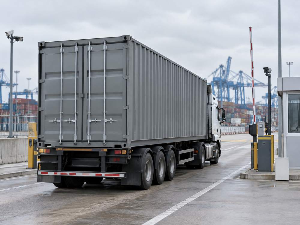 Container auf Lkw-Chassis am Terminal
