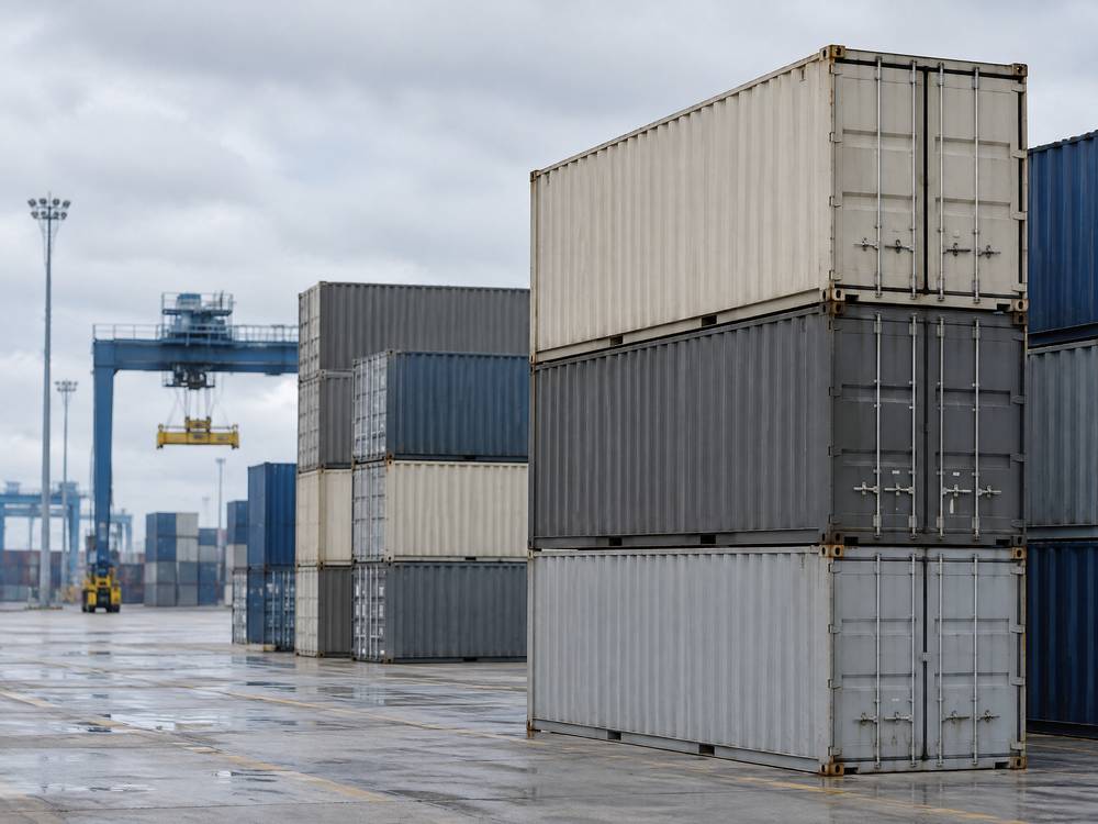 Gestapelte Container im Containerterminal