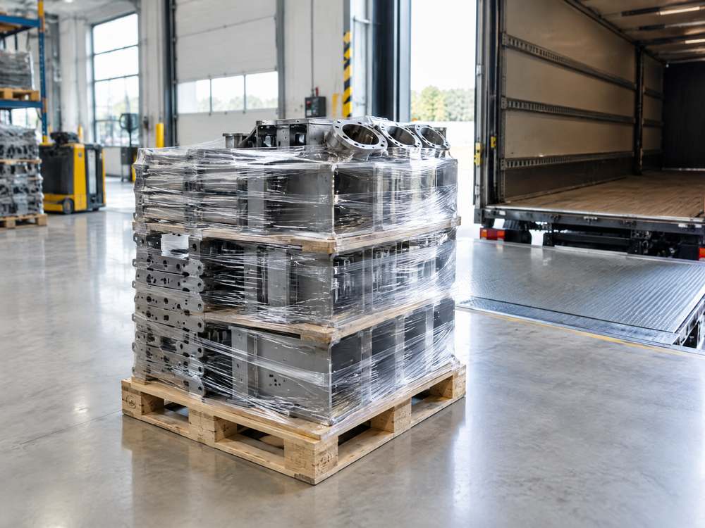 Palette mit Stahlteilen an der Lkw-Verladung