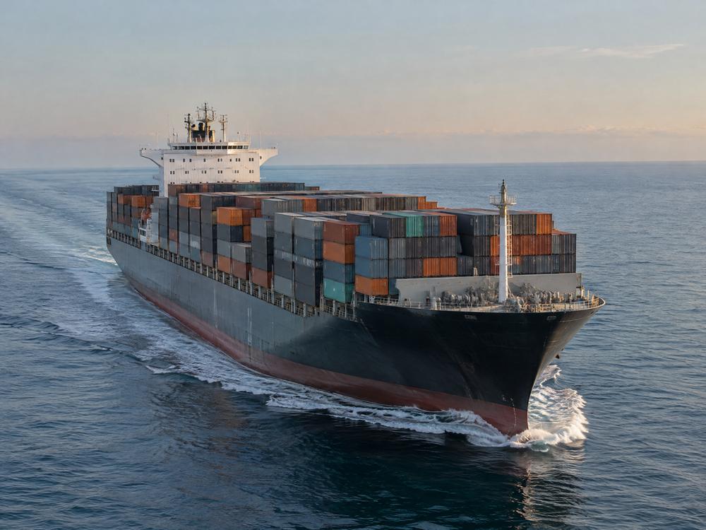 Containerschiff mit Containern auf ruhiger See im Abendlicht