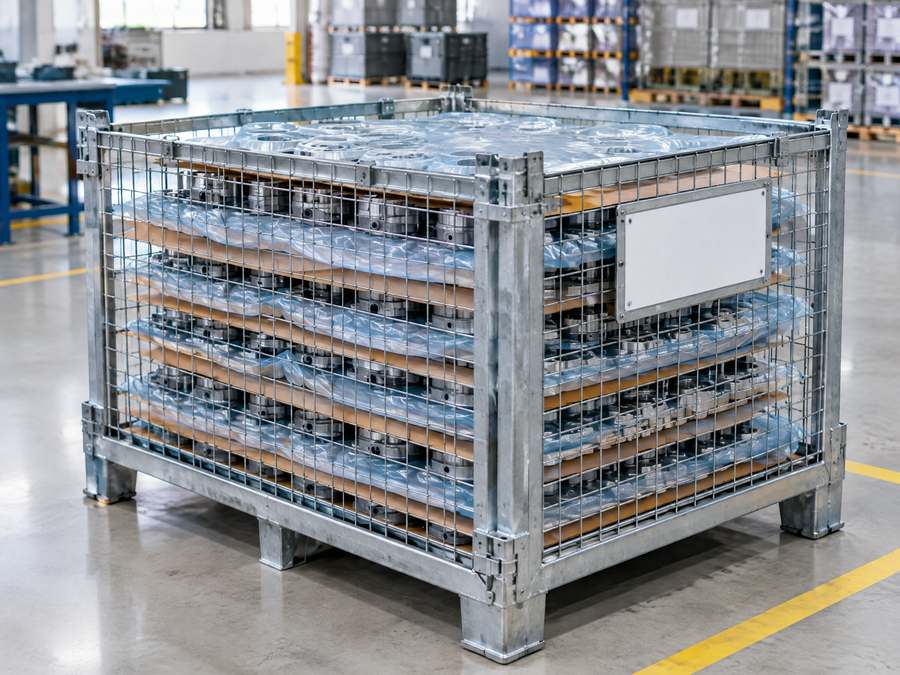 Seefest verpackte Gitterbox mit Zeichnungsteilen