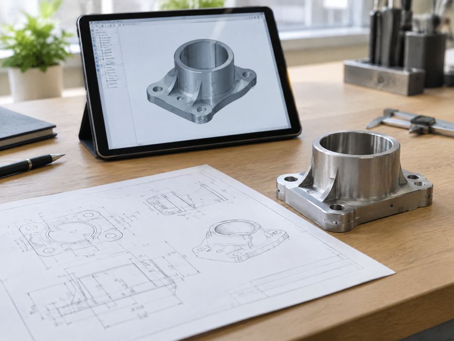 Zeichnung, 3D-Modell und fertiges Teil für die Anfrage